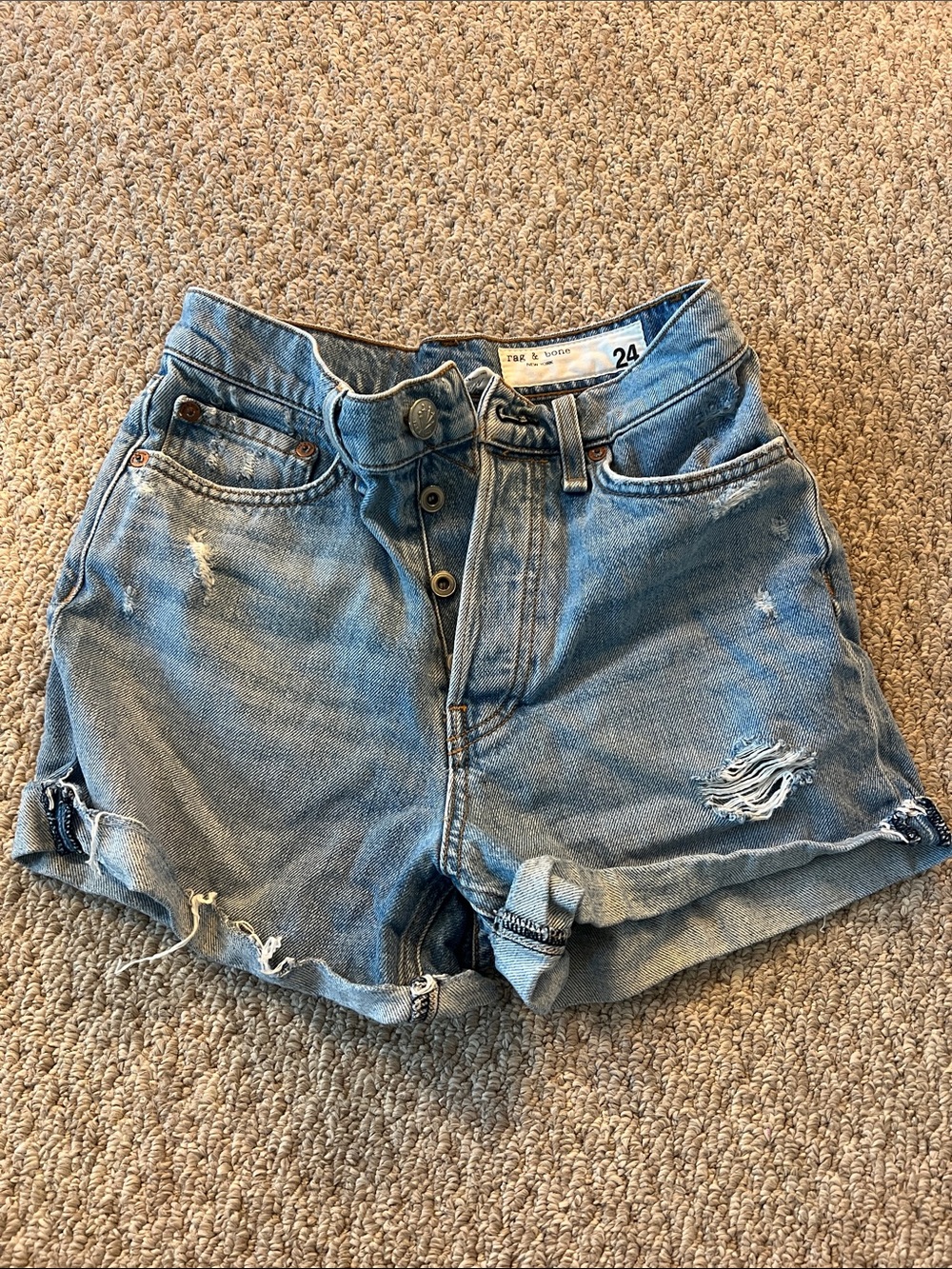 rag & bone Light Blue Distressed High-Rise Denim Shorts